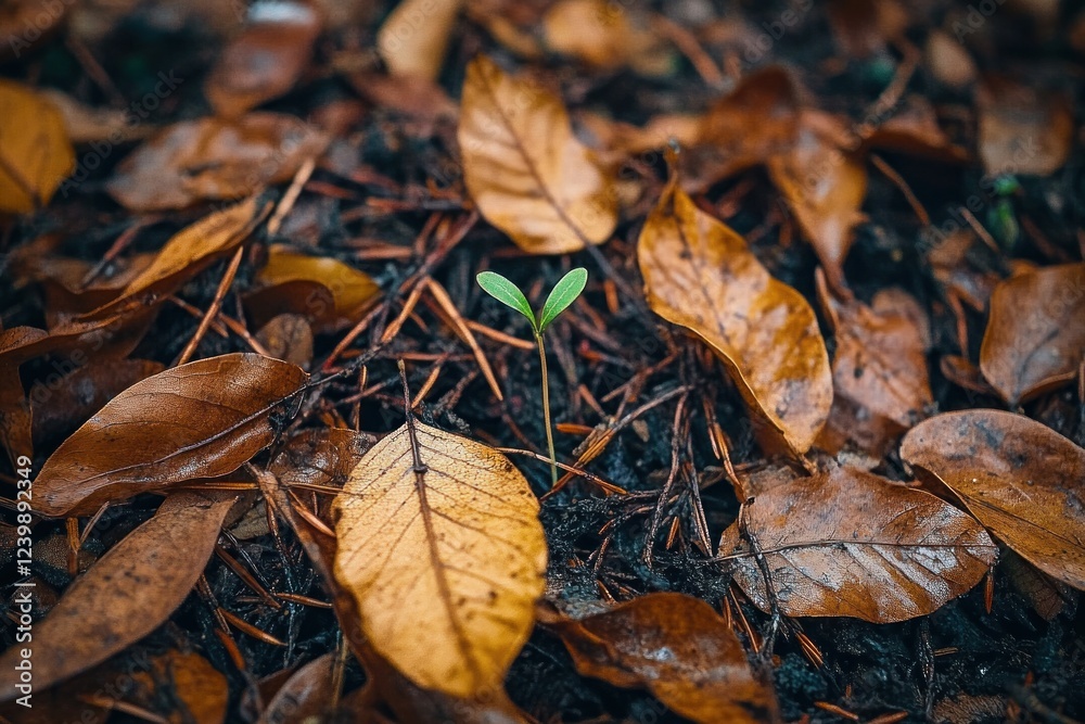 Forest Floor Close-Up Natural Lighting Leaves Twigs Sprout Macro Photography Earthy Tones Textures