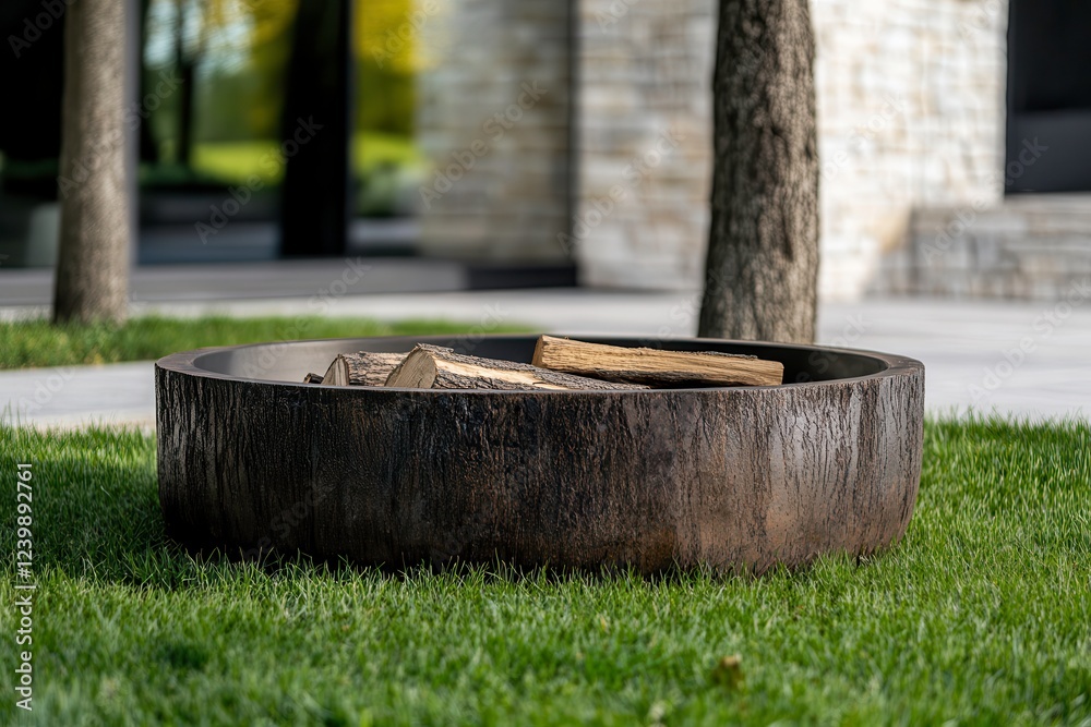 Fire Pit Surrounded by Grass and Stacked Logs for Outdoor Gatherings and Relaxation. Generative AI Fire Pit Surrounded by Grass and Stacked Logs for Outdoor Gatherings and Relaxation. Generative AI
