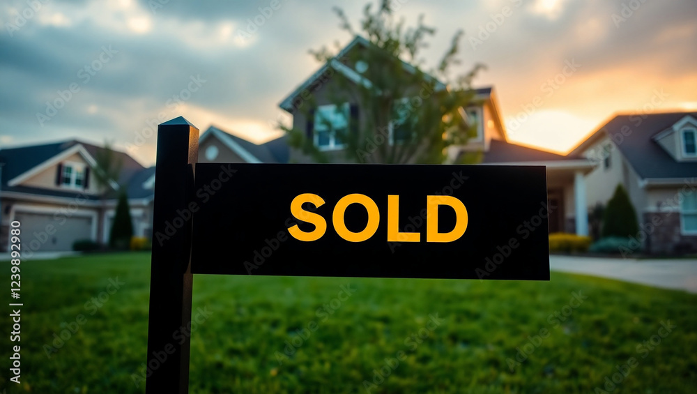 Fototapeta premium Silhouette of a sold sign in front of a house