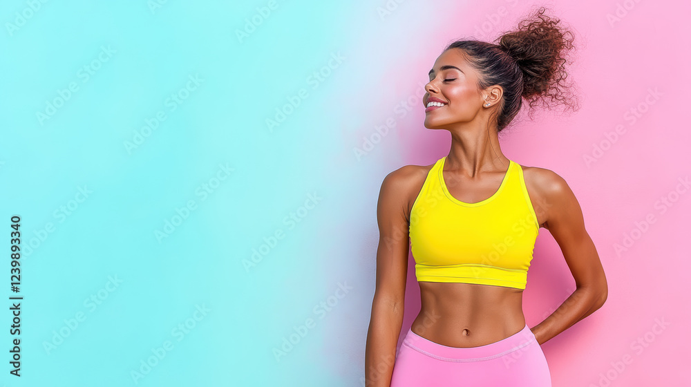 Fit woman showcasing her strength in vibrant colors, radiating confidence Fit woman showcasing her strength in vibrant colors, radiating confidence