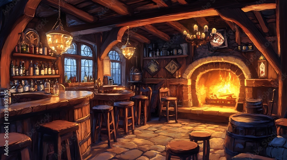 Obraz premium Cozy Tavern Interior with a Warm Fireplace and Wooden Bar