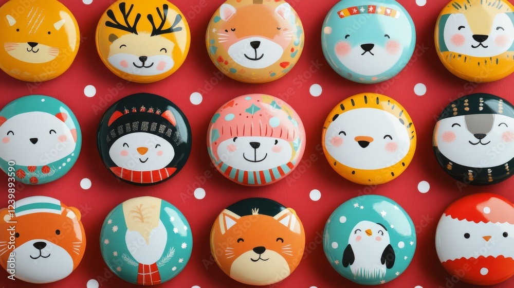Obraz premium 20.A collection of colorful round Christmas ornaments with cartoon animal faces, including a reindeer with antlers, a smiling polar bear, a fox with a scarf, and a penguin with earmuffs, all against