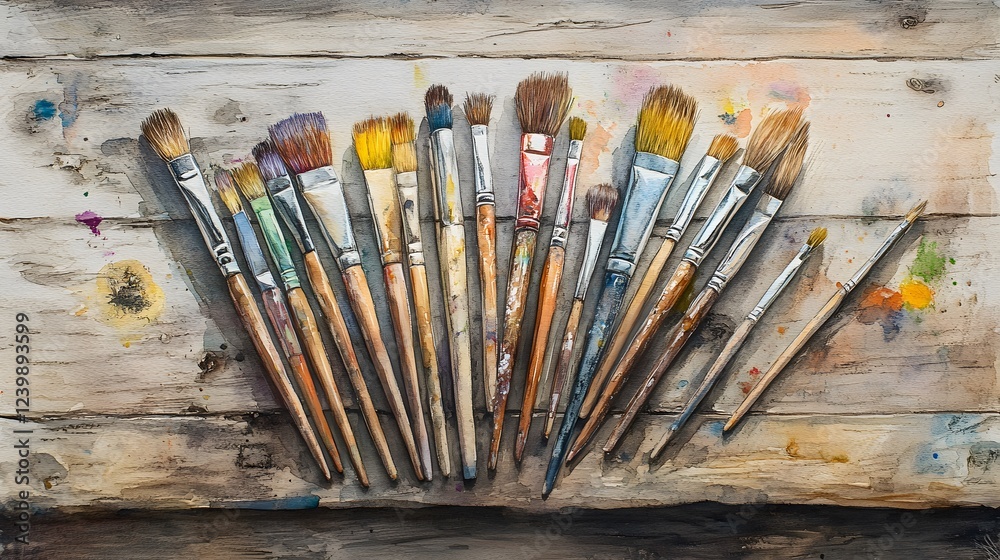 Fototapeta premium Watercolor Painting Brushes Arranged on Wooden Surface