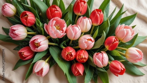 a bunch of pink and red tulips with lush green leaves, resting on a smooth, light-colored fabric that enhances the flowers' vivid colors and delicate textures
