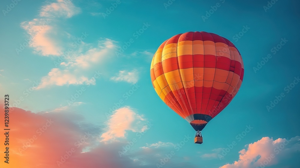 Fototapeta premium Colorful hot air balloon soars at sunset over clouds