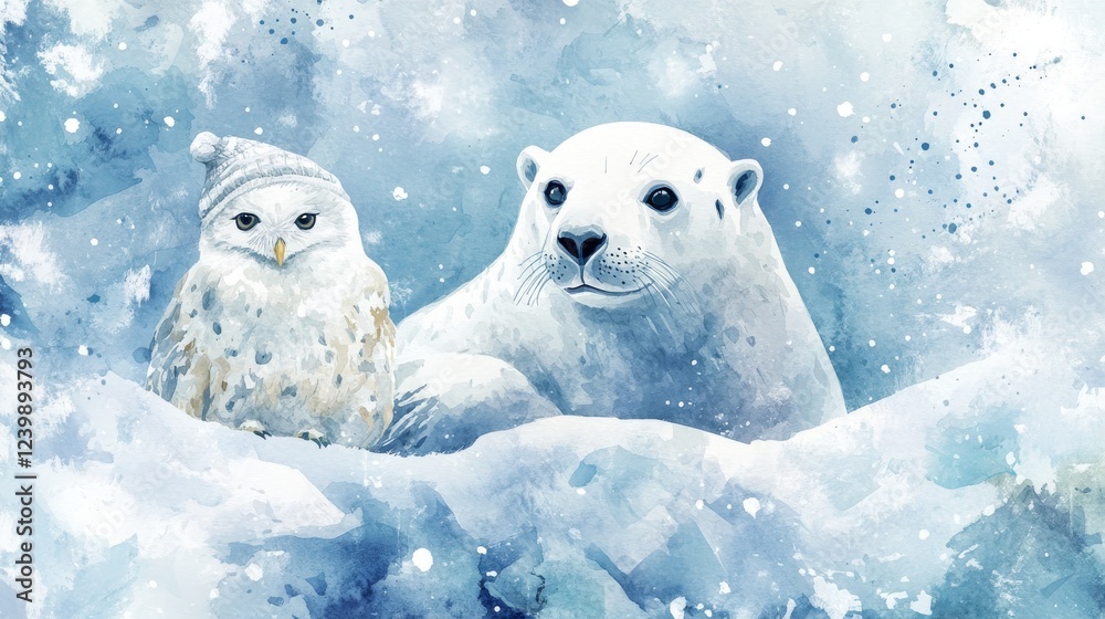 Fototapeta premium 12.A cozy winter collection of animals painted in watercolor, showcasing a seal with gentle shadows, a polar bear with a warm hat, and an owl with piercing eyes, set amidst a frosty blue and white