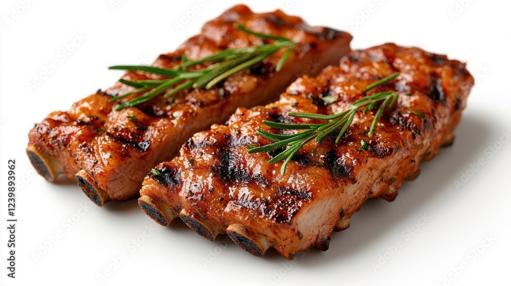 Two grilled ribs garnished with rosemary, showcasing a delicious food presentation. Two grilled ribs garnished with rosemary, showcasing a delicious food presentation.