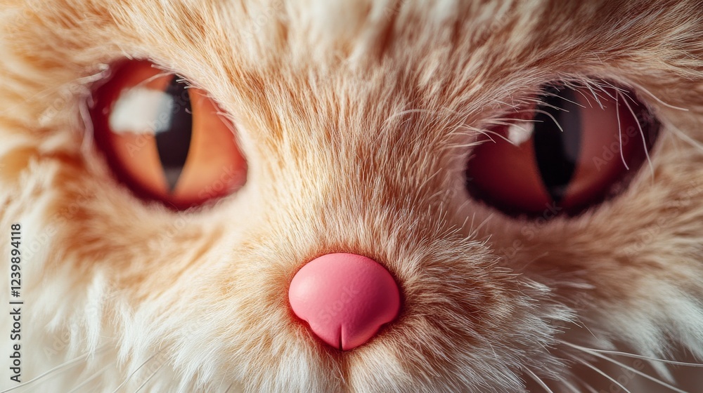Fototapeta premium 44.A detailed close-up of a carnival mask shaped like a cat face, featuring soft fur-like textures, wide eye holes, a pink button nose, and subtle whisker details, designed for playful and festive