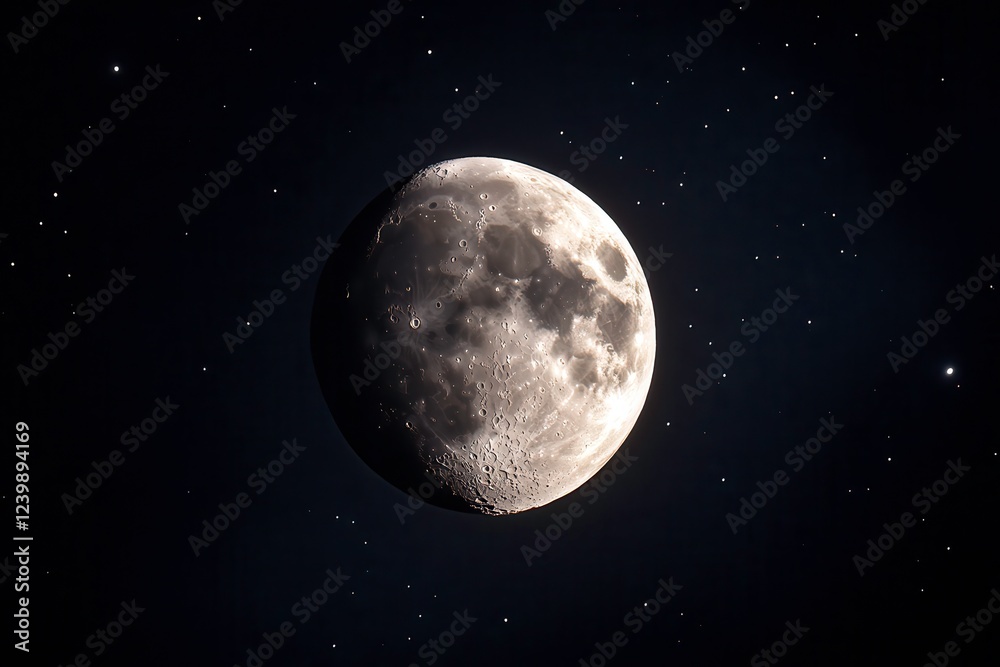 Fototapeta premium Full White Moon Shines in a Deep Blue Sky With Distant Stars Scattered Across the Night. Generative AI