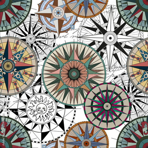 Seamless vector pattern with colorful compass, marine objects, antique navigational devices. Vintage transportation and old adventures concept. No foreign language, all symbols are fictional