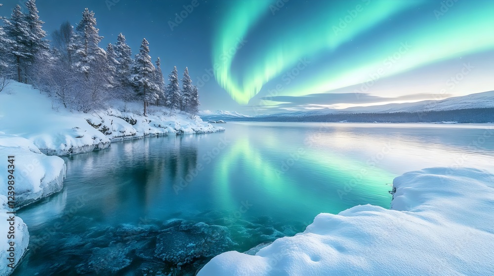 Fototapeta premium A beautiful lake with a bright aurora in the sky