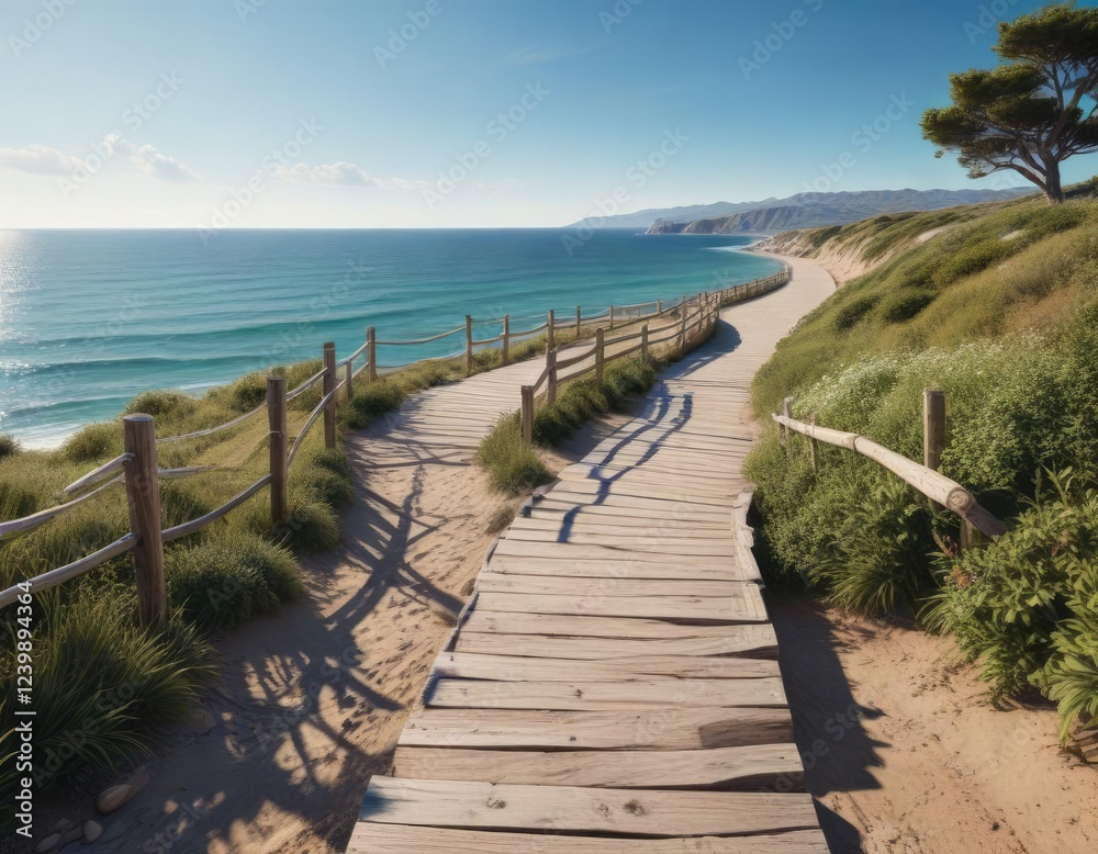 Fototapeta premium Coastal wooden path winding along the seafront, marine, seascape