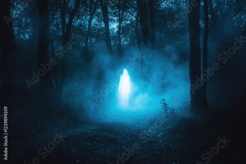 ethereal ghost figure illuminated by moonlight in misty ancient forest spectral glow