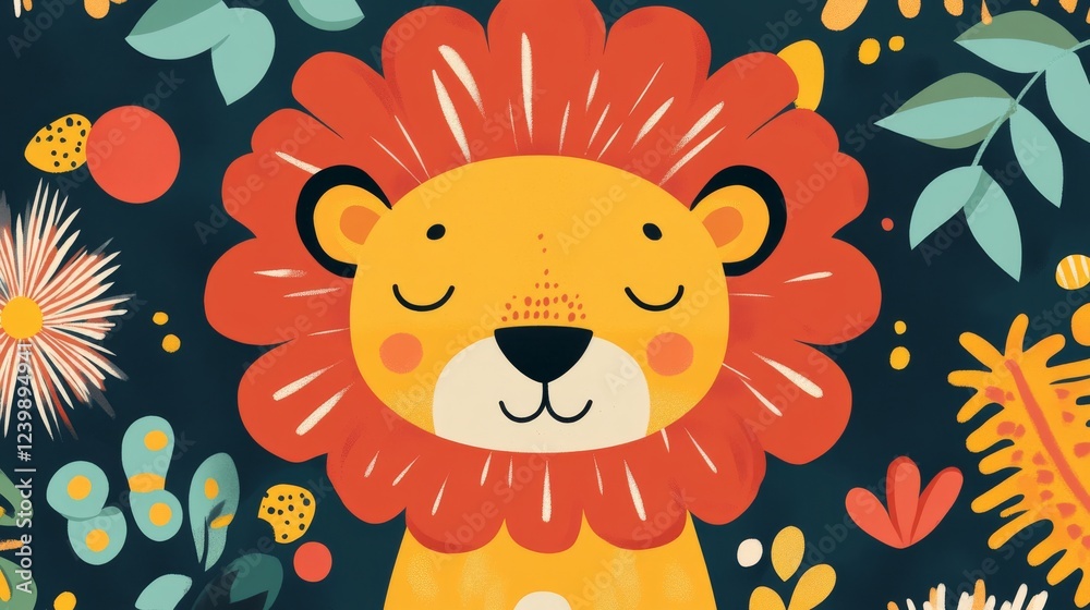 96.A fun educational flashcard depicting a lion with exaggerated features like a large circular mane and round eyes, surrounded by simple shapes and patterns for kids to trace and fill with bright 96.A fun educational flashcard depicting a lion with exaggerated features like a large circular mane and round eyes, surrounded by simple shapes and patterns for kids to trace and fill with bright