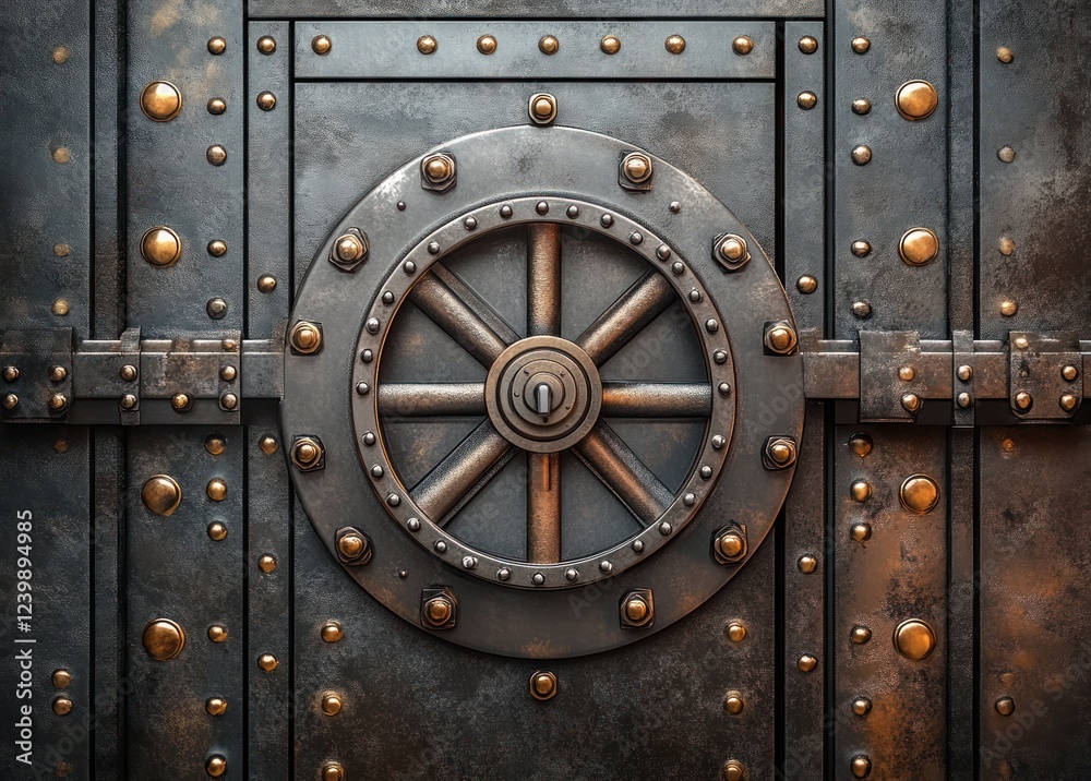 Fototapeta premium Steampunk Vintage Vault Door Close-Up with Intricate Rivets and Wheel Handle