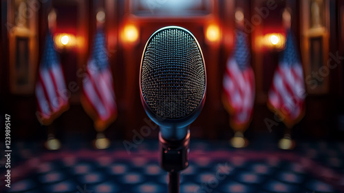 Pulpit with microphones and USA flag in the background, pulpit, microphones, USA flag, podium, speech.