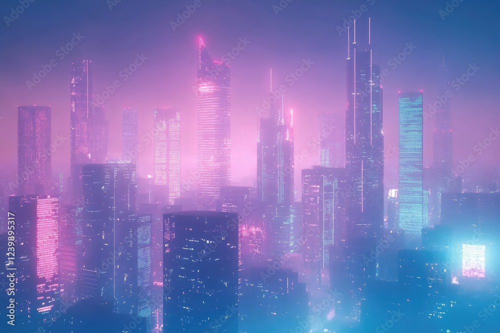 Obraz premium ethereal gradient cyberpunk cityscape neonlit skyscrapers fade into misty blue horizon