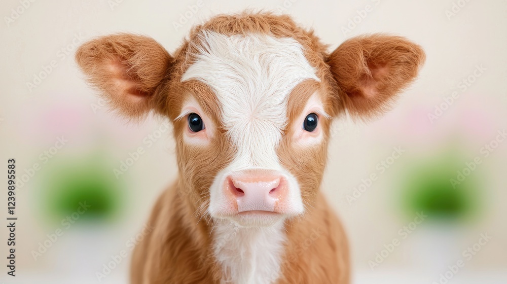 Cute calf portrait, studio background, spring flowers Cute calf portrait, studio background, spring flowers