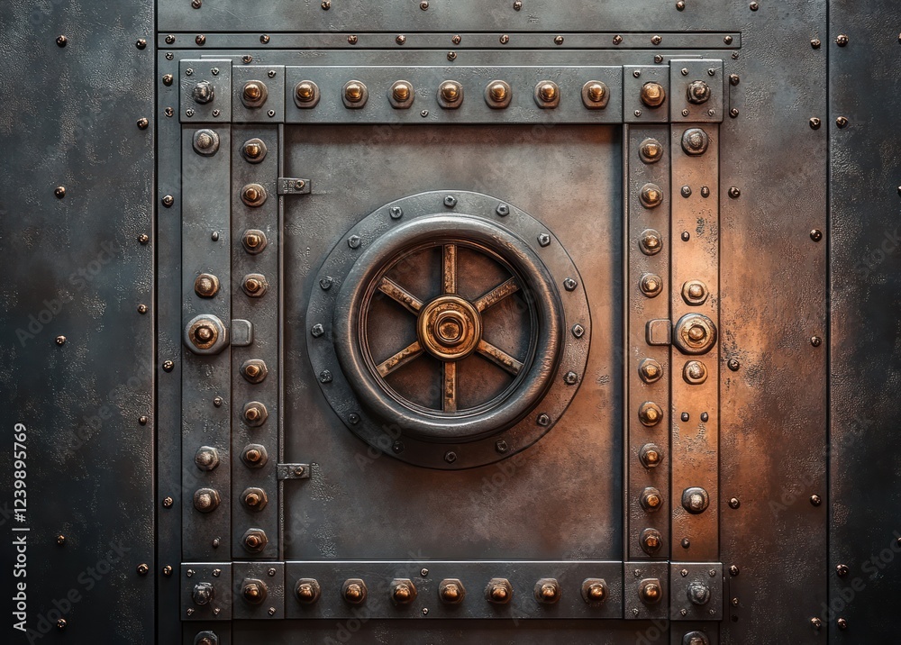 Steampunk Vault Door Close-up with Intricate Rivets and Wheel Handle in Vintage Metal Design Steampunk Vault Door Close-up with Intricate Rivets and Wheel Handle in Vintage Metal Design