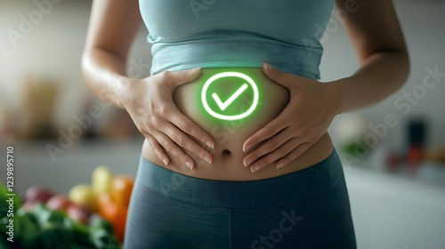 A woman gently holds her stomach, displaying a glowing checkmark symbol, suggesting health and wellness.