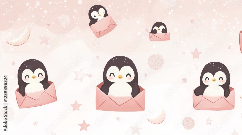 Naklejka premium 89.A kawaii-style pattern with penguins peeking from open paper envelopes, complemented by celestial elements like stars and moons, arranged on a soft pink and white gradient background.