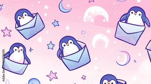 89.A kawaii-style pattern with penguins peeking from open paper envelopes, complemented by celestial elements like stars and moons, arranged on a soft pink and white gradient background. photo