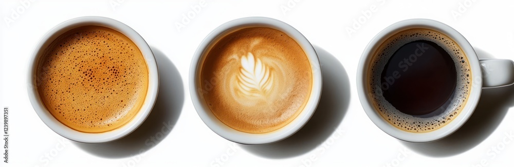 top view coffee cups collection with varying shades of frothy coffee top view coffee cups collection with varying shades of frothy coffee