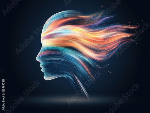 Abstract silhouette with flowing colorful lines against dark background, symbolizing creativity and imagination, digital art concept.