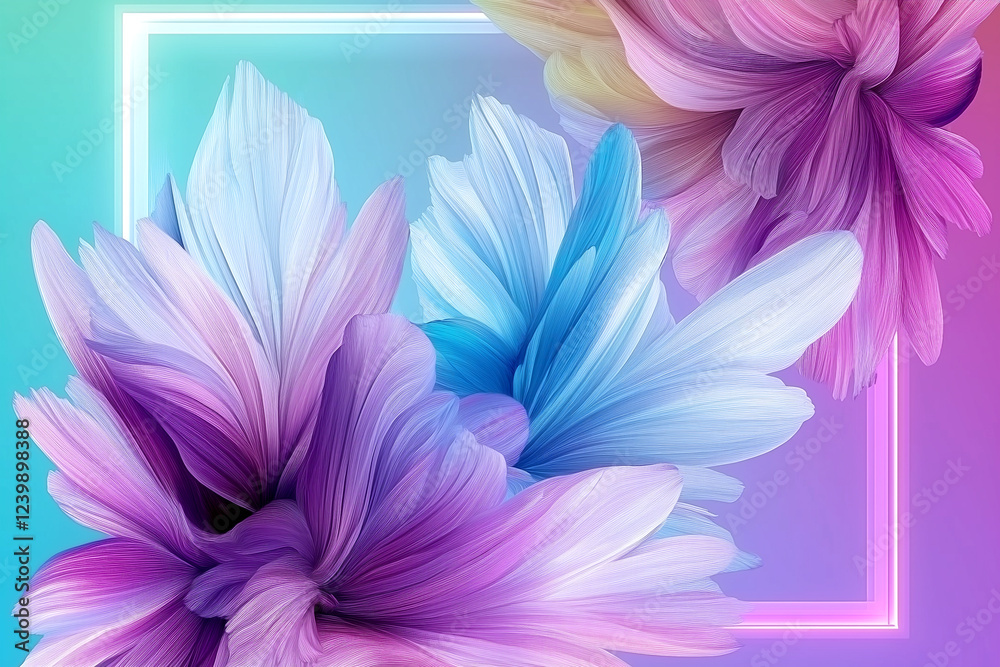 Fototapeta premium A colorful flower arrangement with a blue and purple background. The flowers are arranged in a way that they look like they are growing out of the frame. The colors of the flowers