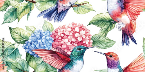 Vector floral seamless pattern with delicate plants small pink blue hydrangea flowers and hummingbird for wallpapers textile or background