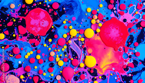 Multicolored Bubbles Of Bright Collors Moving In Paint Oil Surface Beautiful Blue Universe Of Color Slow Motion Macro Red Blue Black And Yellow, Paper Cutout style. isolated with white shades