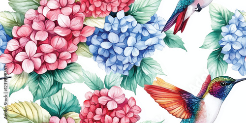 Vector floral seamless pattern with delicate plants small pink blue hydrangea flowers and hummingbird for wallpapers textile or background