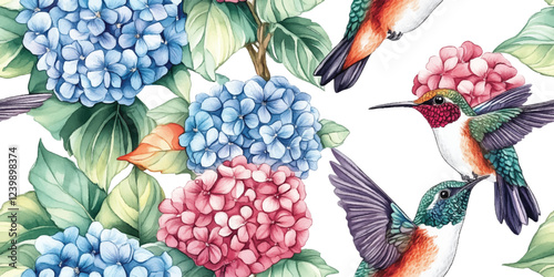 Vector floral seamless pattern with delicate plants small pink blue hydrangea flowers and hummingbird for wallpapers textile or background