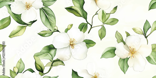Seamless vector pattern with jasmine flowers and green leaves. Floral background illustration, repeating pattern, jasmine flowers, vintage floral, retro jasmine, seamless flowers, stationery, textiles