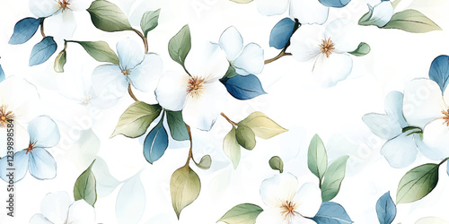 Seamless vector pattern with jasmine flowers and green leaves. Floral background illustration, repeating pattern, jasmine flowers, vintage floral, retro jasmine, seamless flowers, stationery, textiles