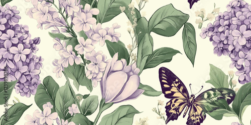 Seamless vector pattern with lilac flowers leaves and butterflies in a seamless design, highlighting purple tones with a vintage luxury aesthetic