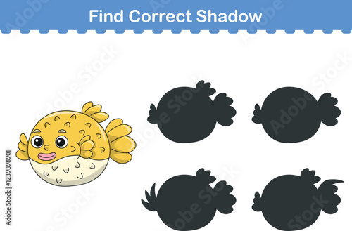 Funny cartoon puff fish. find the correct shadow. Kids Education games. Cartoon vector illustration