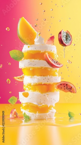 Vibrant tropical layered fruit cake bursting with exotic flavors against a colorful gradient background photo