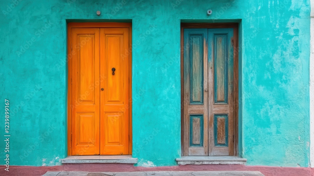 Vibrant orange and weathered wood doors on a teal wall. Ideal for travel, home decor, and contrast themes. Vibrant orange and weathered wood doors on a teal wall. Ideal for travel, home decor, and contrast themes.