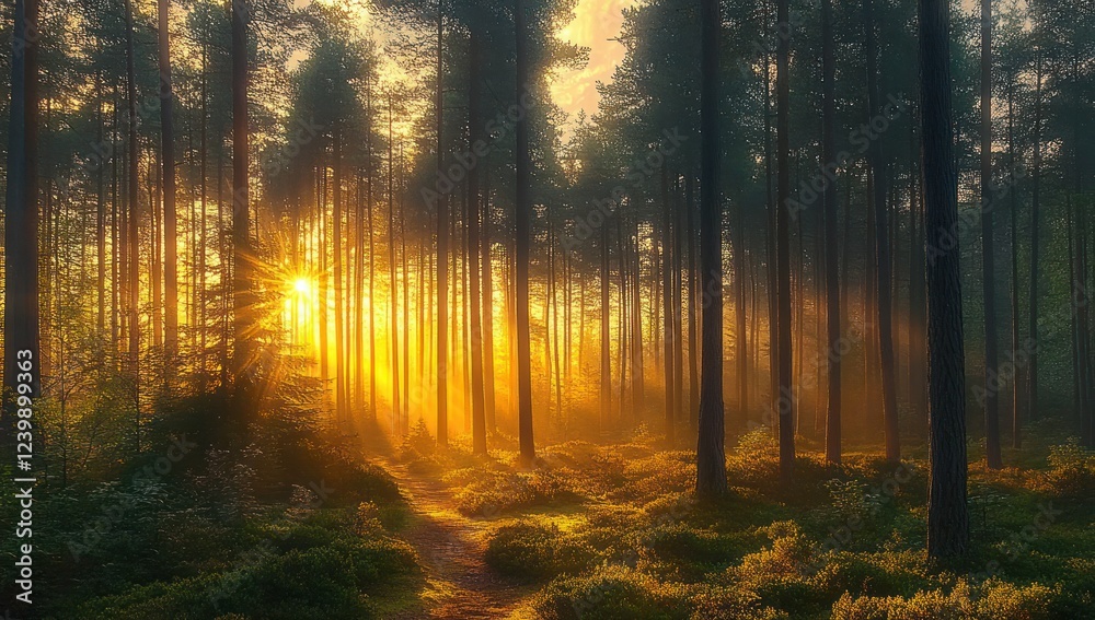 Fototapeta premium Serene Sunrise in a Quiet Pine Forest with Golden Rays and Soft Mist