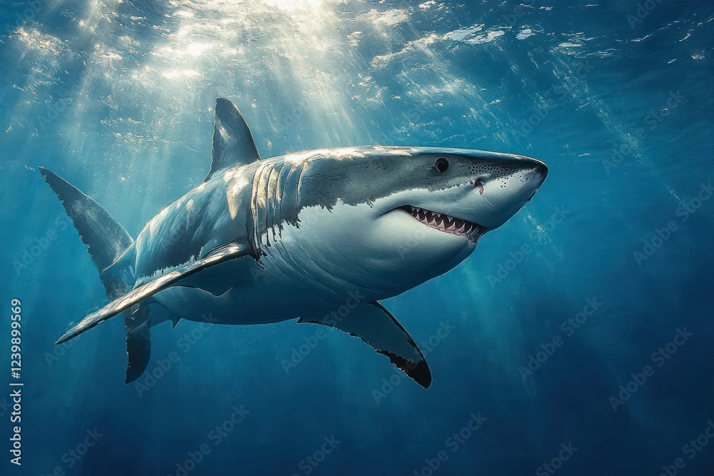 Fototapeta premium Great White Shark Swimming in Clear Blue Ocean Underwater Photography Predator Hunting Near Surface