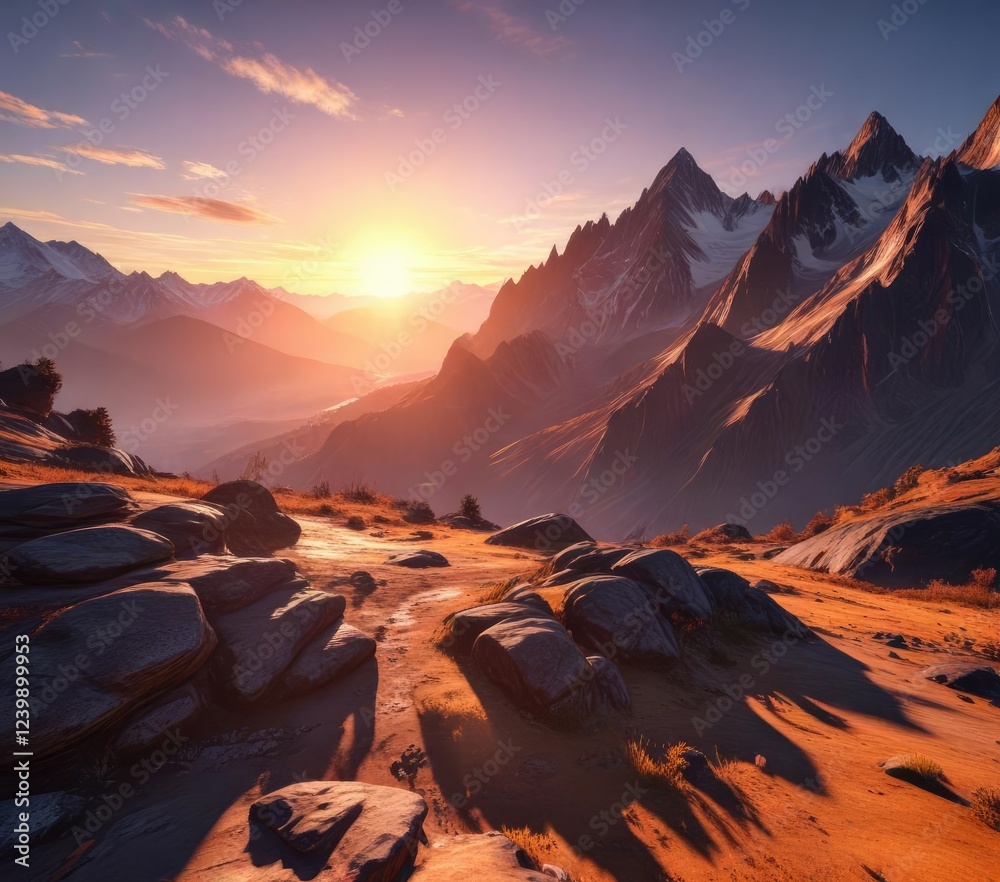 Obraz premium Dramatic mountain landscape with a vivid sunset casting long shadows, orange, sky, dramatic