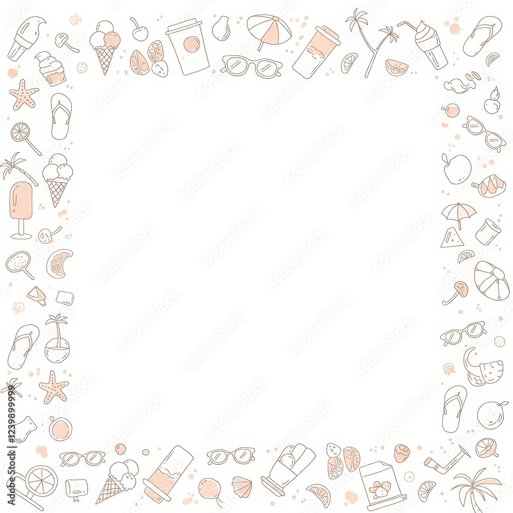 Summer Vacation Doodle Border with Ice Cream, Tropical Drinks, and Beach Icons Illustration – Ideal for Travel and Leisure-Themed Designs Summer Vacation Doodle Border with Ice Cream, Tropical Drinks, and Beach Icons Illustration – Ideal for Travel and Leisure-Themed Designs