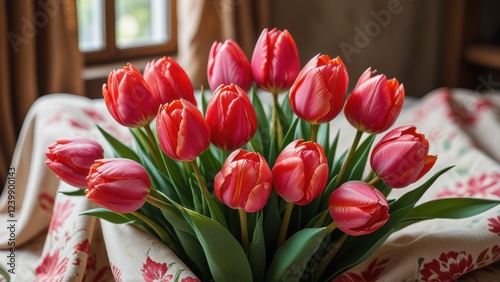 a close-up view of vibrant pink and red tulips with green leaves, set against a light, airy, and softly draped fabric.