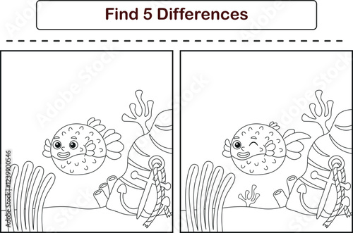 Funny cartoon puff fish. Find 5 differences. Kids Education games. Cartoon vector illustration