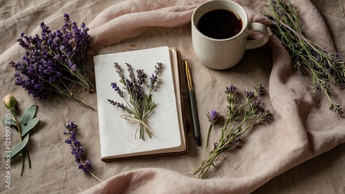 A cup of coffee beside sprigs of lavender, elegantly arranged on a textured cloth generative ai