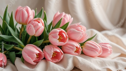 a cluster of pink tulips with a gradient of white, set against a backdrop of softly draped, light-colored fabric