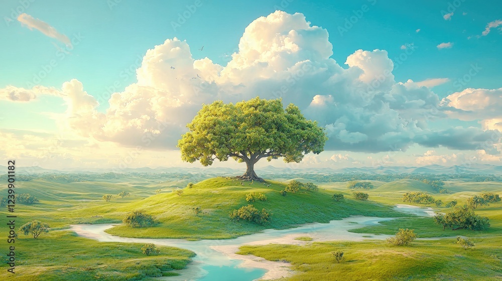 Fototapeta premium Solitary tree on hilltop, serene landscape, peaceful sky, nature scene, ideal for tranquility themes