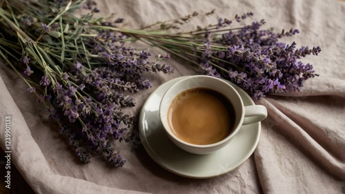 A cup of coffee beside sprigs of lavender, elegantly arranged on a textured cloth generative ai