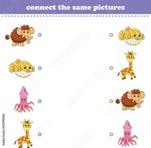 Education game for children connect the same picture of cute cartoon wild animal printable. Vector Illustration